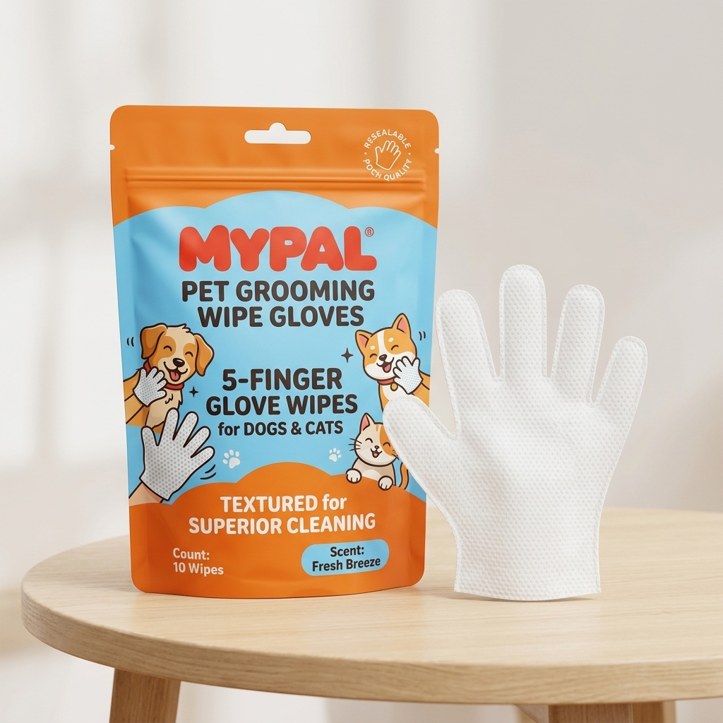 Hand wearing a disposable pet cleaning wipe glove