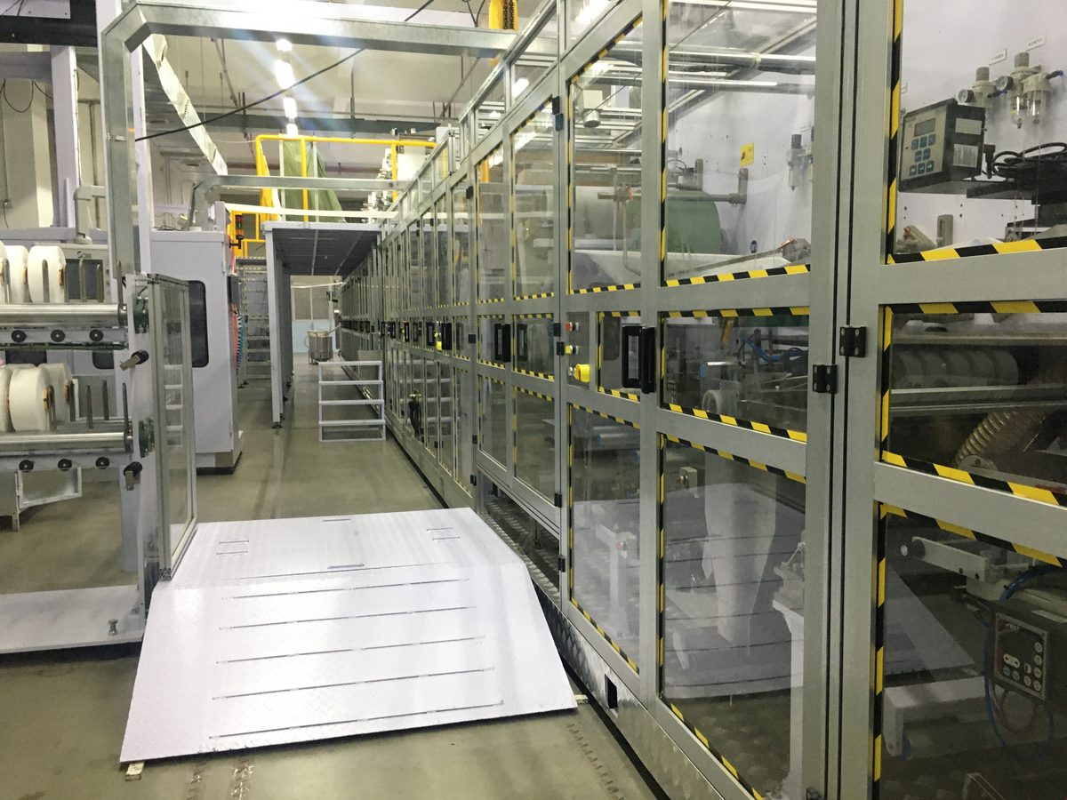 Automated adult diaper production cleanroom corridor — ISO 13485 certified facility